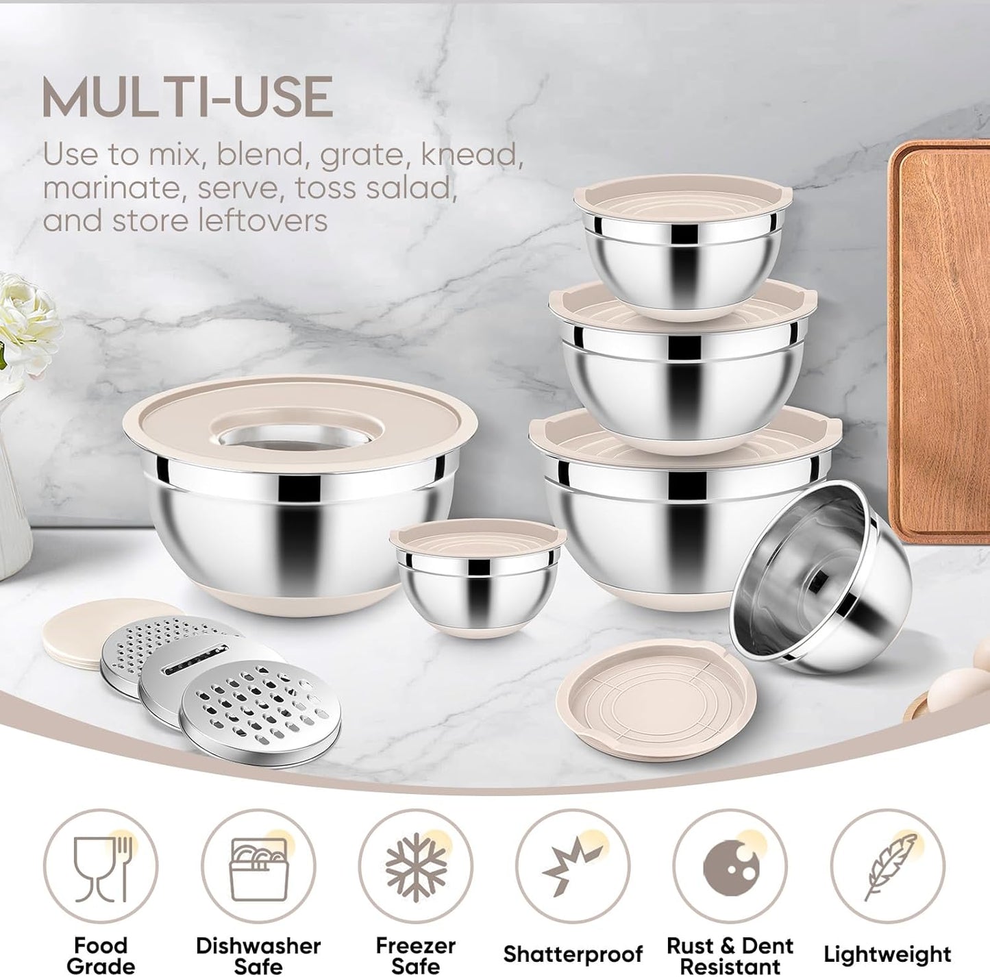 25PCS Stainless Steel Mixing Bowls Set with Lids | Nesting Prep Bowls with Grater Attachments & Non-Slip Bottoms | Kitchen Food Storage & Serving Set