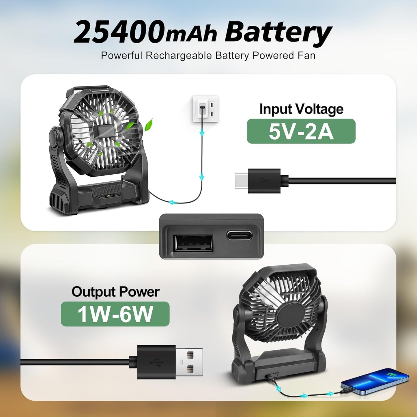 Portable Rechargeable Fan 25400mAh | Cordless Battery Powered Fan with LED Lantern, USB-C Camping Fan for Travel, Bedroom, Office & Outdoor Use