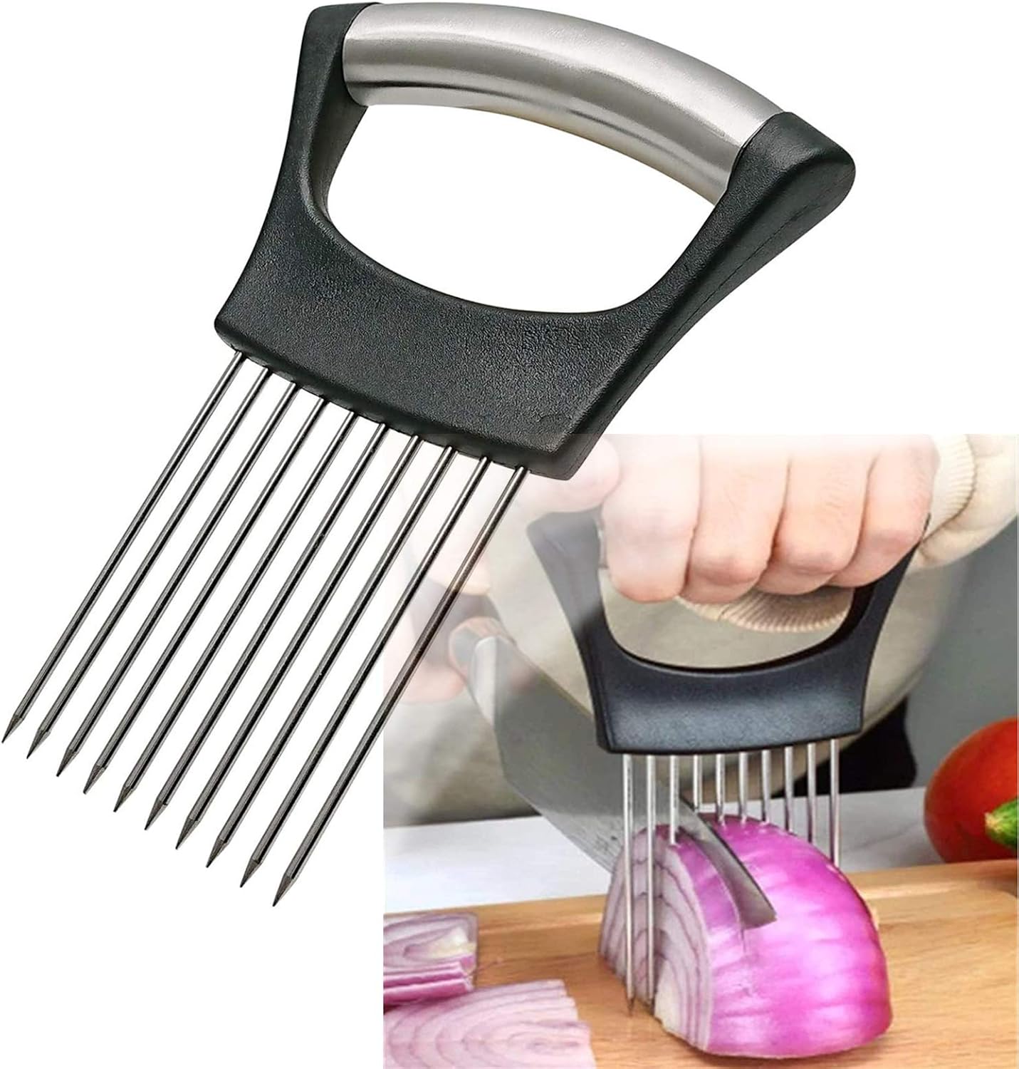Stainless Steel Onion Slicer Holder / Vegetable Cutter for Onions, Tomatoes, Avocados & Eggs | Easy Kitchen Prep Tool