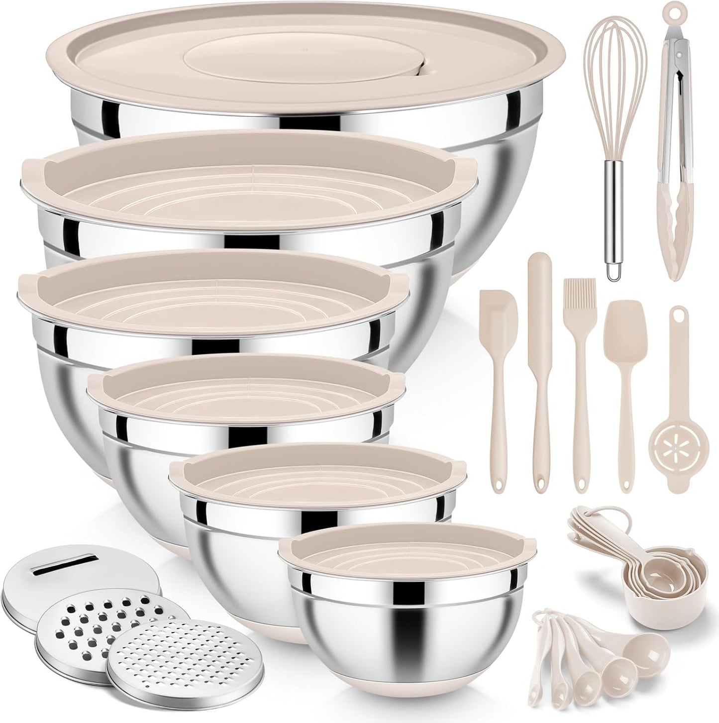 25PCS Stainless Steel Mixing Bowls Set with Lids | Nesting Prep Bowls with Grater Attachments & Non-Slip Bottoms | Kitchen Food Storage & Serving Set