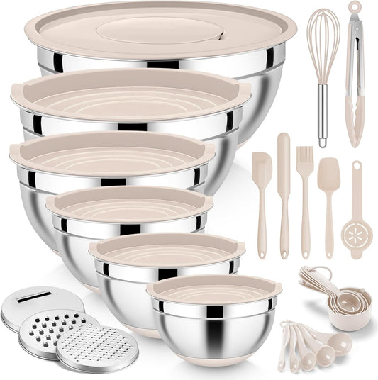 25PCS Stainless Steel Mixing Bowls Set with Lids | Nesting Prep Bowls with Grater Attachments & Non-Slip Bottoms | Kitchen Food Storage & Serving Set