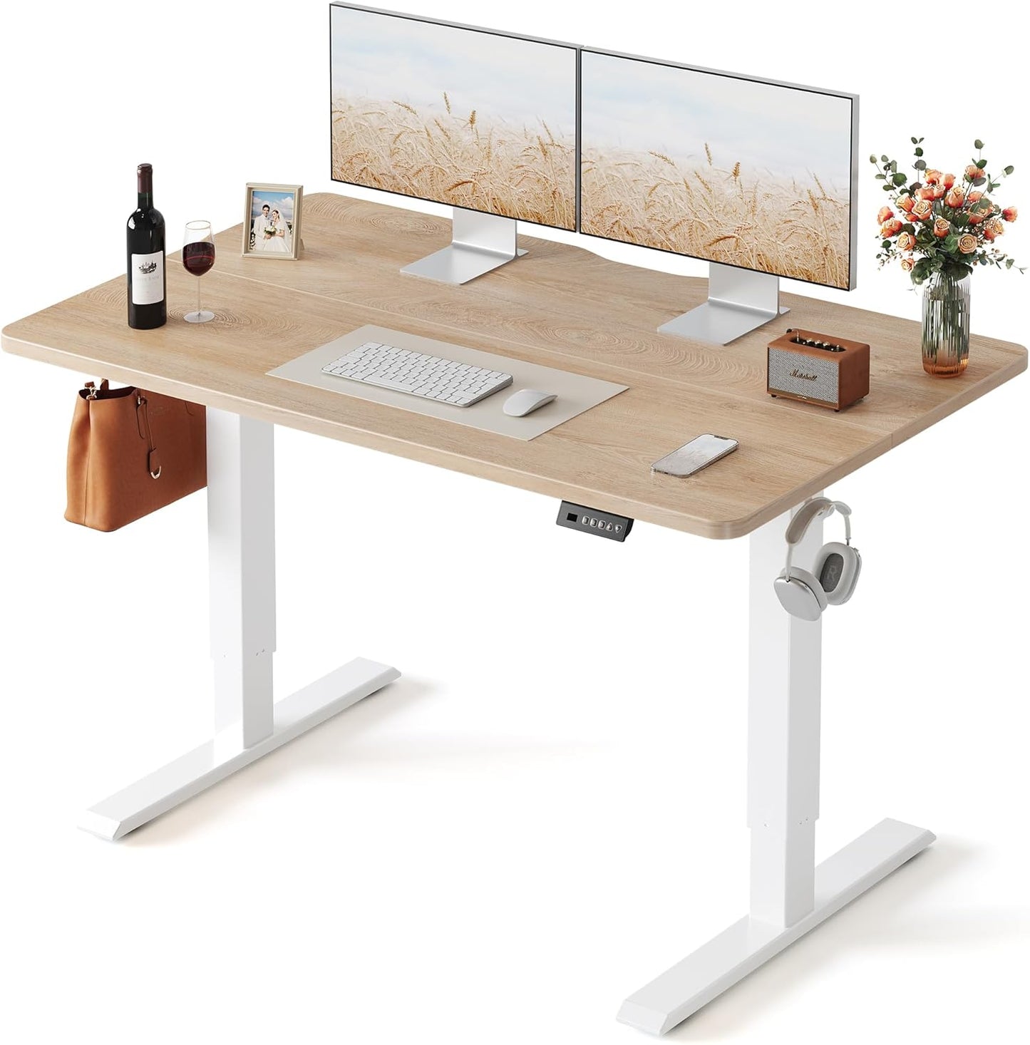 Electric Standing Desk 48x24 Inch | Height Adjustable Sit Stand Computer Office Desk | Maple Top & White Frame