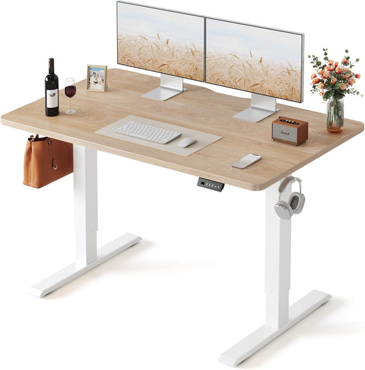 Electric Standing Desk 48x24 Inch | Height Adjustable Sit Stand Computer Office Desk | Maple Top & White Frame
