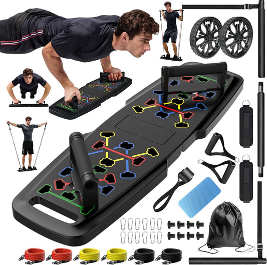 Push Up Board Home Gym Set | Portable Full Body Workout Equipment with Resistance Bands, Pilates Bar & Ab Roller