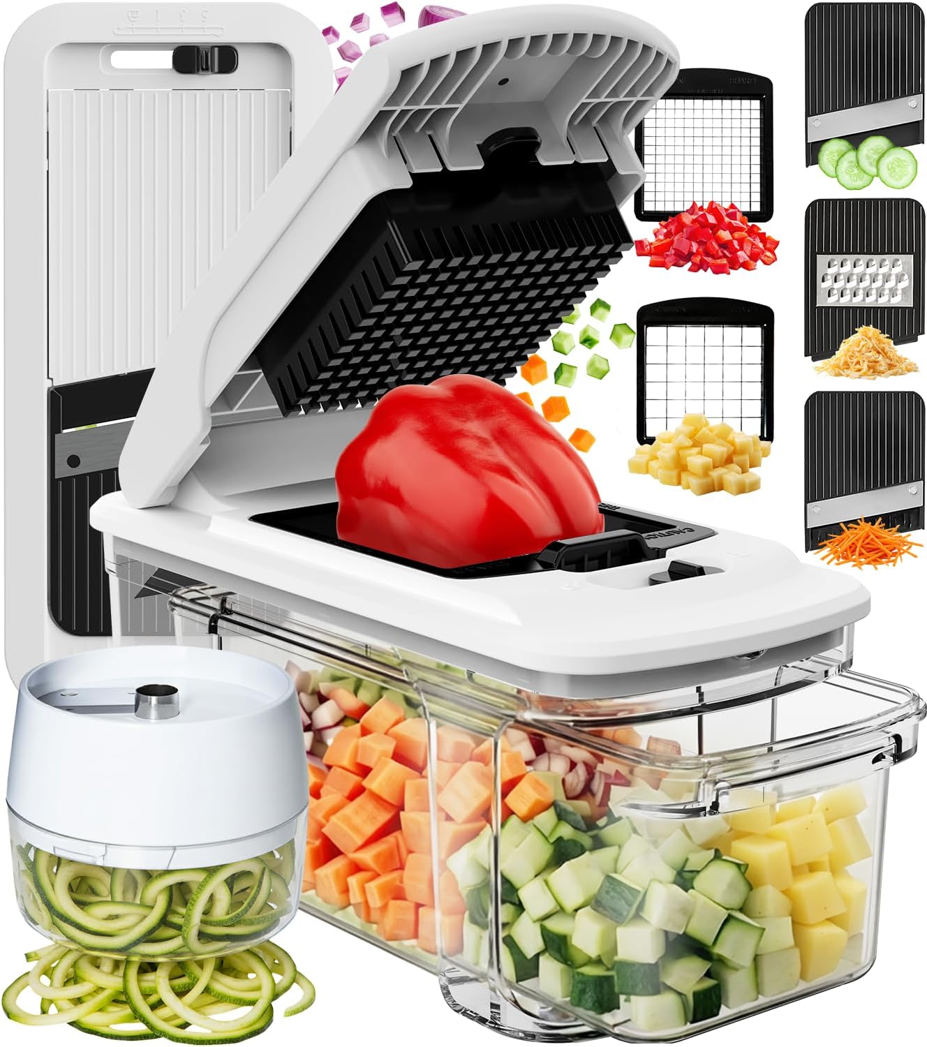 XL Vegetable Chopper & Mandoline Slicer 6-in-1 | Onion, Potato & Fruit Dicer Spiralizer | Kitchen Food Cutter with Catch Tray