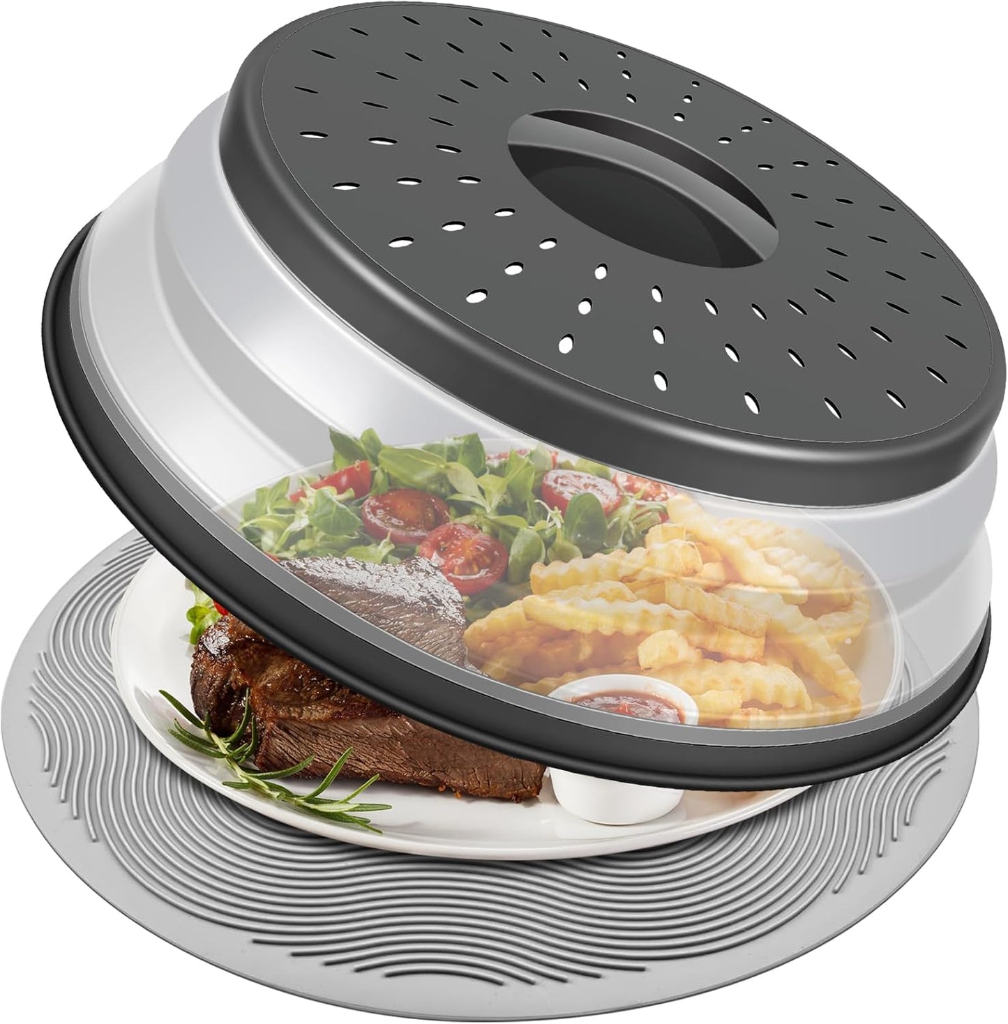 10" Microwave Food Cover & Collapsible Silicone Mat | Splatter Guard, Plate Holder & Kitchen Colander for Meal Prep