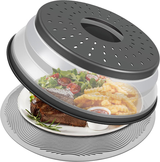 10" Microwave Food Cover & Collapsible Silicone Mat | Splatter Guard, Plate Holder & Kitchen Colander for Meal Prep