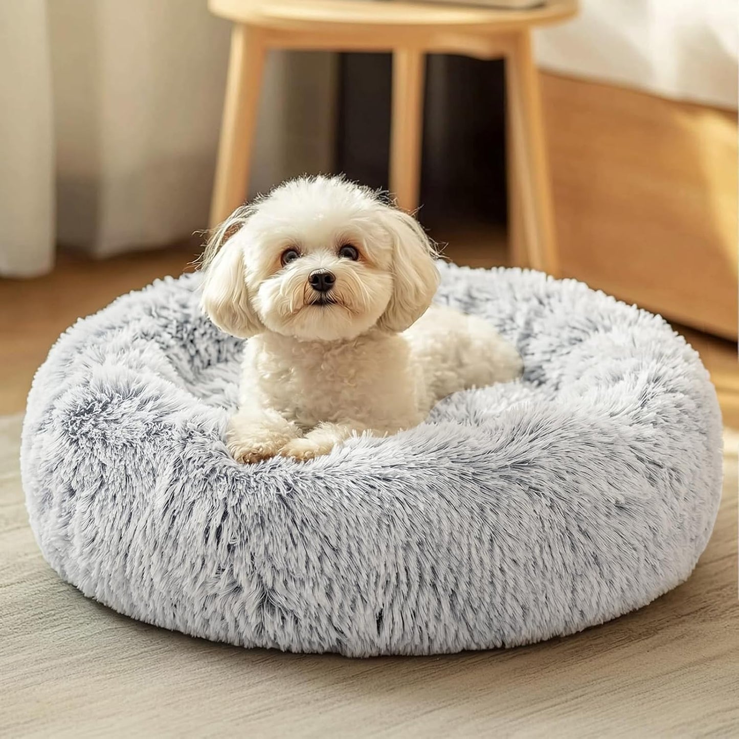 Calming Donut Dog Bed 23" | Anti-Anxiety Fluffy Pet Bed for Small & Medium Dogs and Cats