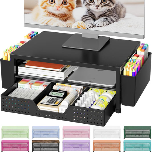 Monitor Stand Riser with Drawer & Pen Holders | Desk Organizer for Laptop, Printer & Home Office Workspace
