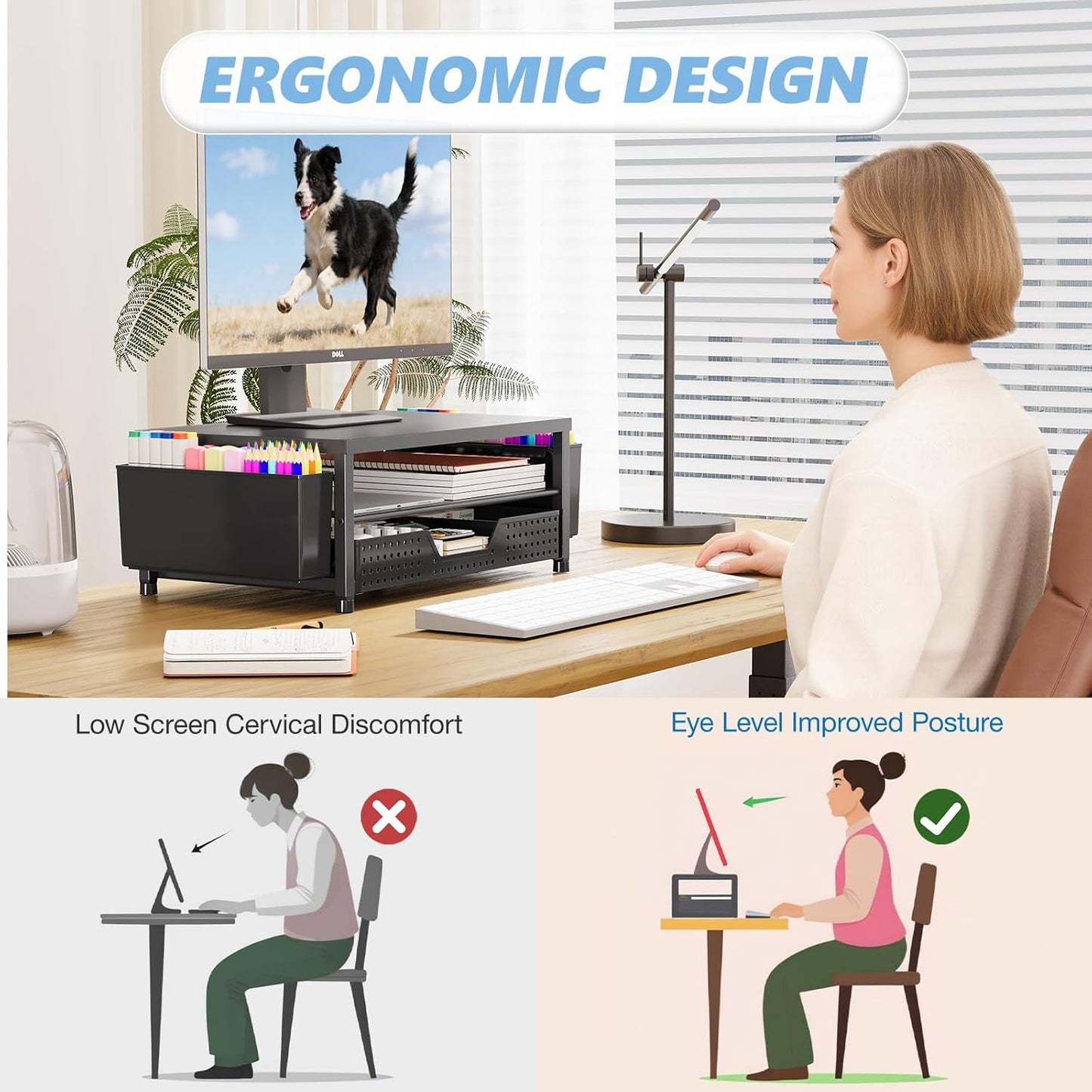 Monitor Stand Riser with Drawer & Pen Holders | Desk Organizer for Laptop, Printer & Home Office Workspace