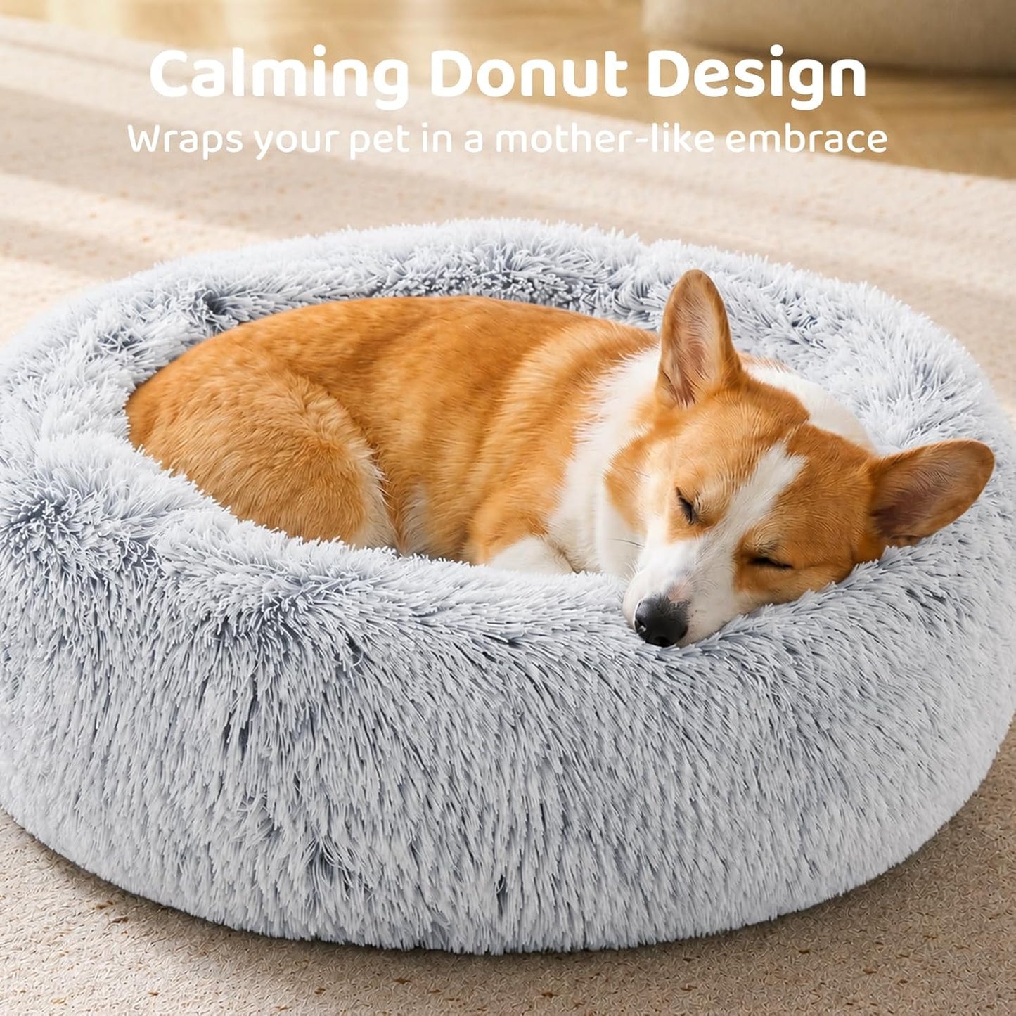 Calming Donut Dog Bed 23" | Anti-Anxiety Fluffy Pet Bed for Small & Medium Dogs and Cats