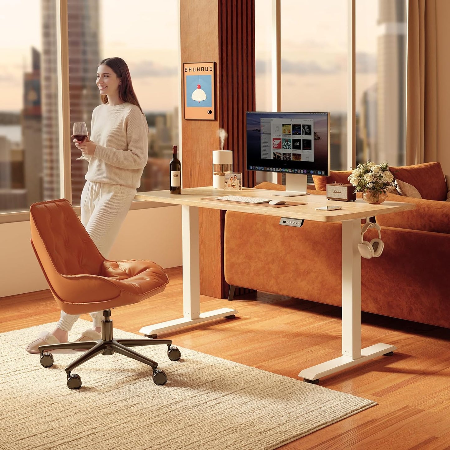 Electric Standing Desk 48x24 Inch | Height Adjustable Sit Stand Computer Office Desk | Maple Top & White Frame