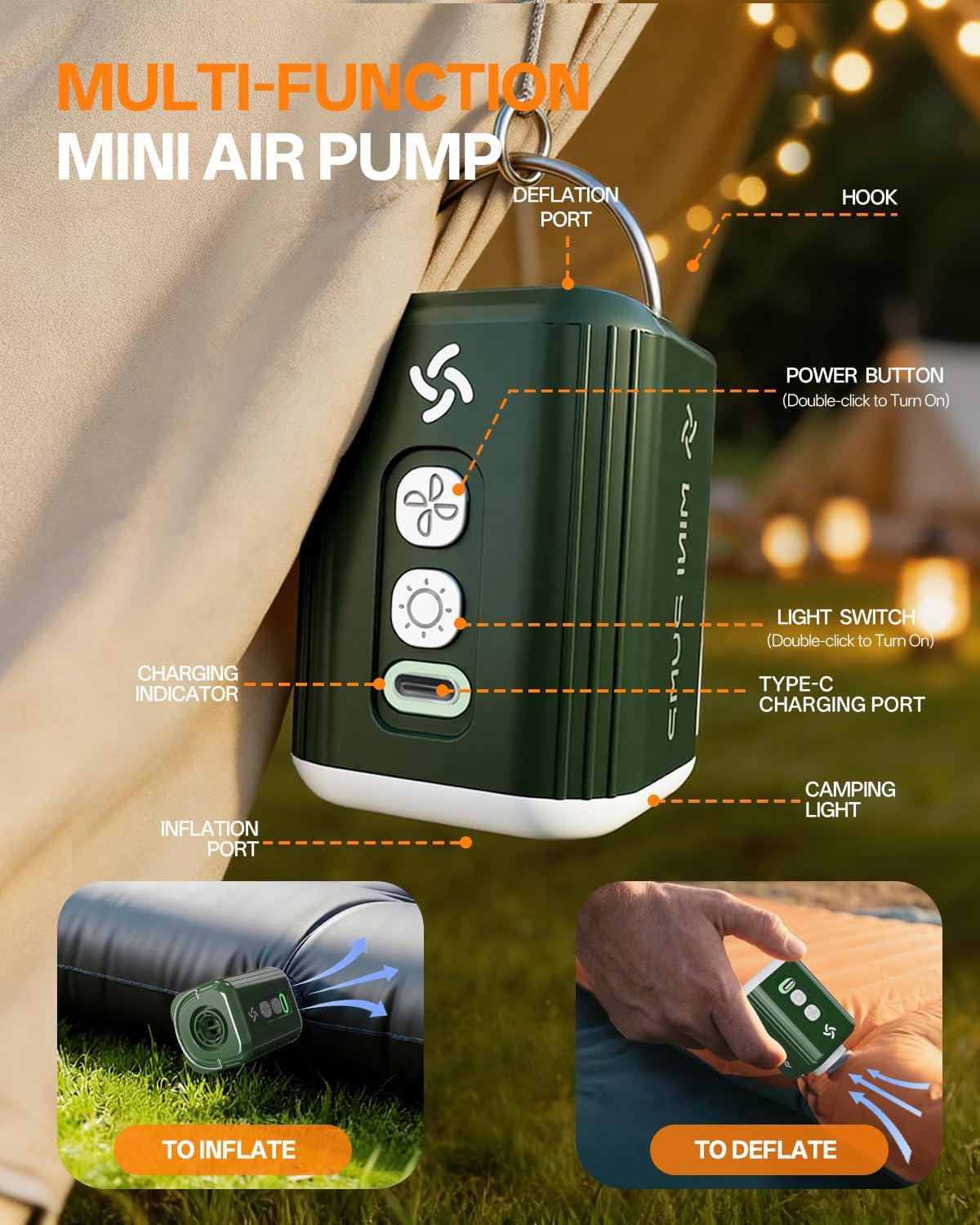 Portable Electric Air Pump | Rechargeable Inflatable Pump with Camping Light & 5 Nozzles for Air Mattresses, Pool Floats & Vacuum Bags