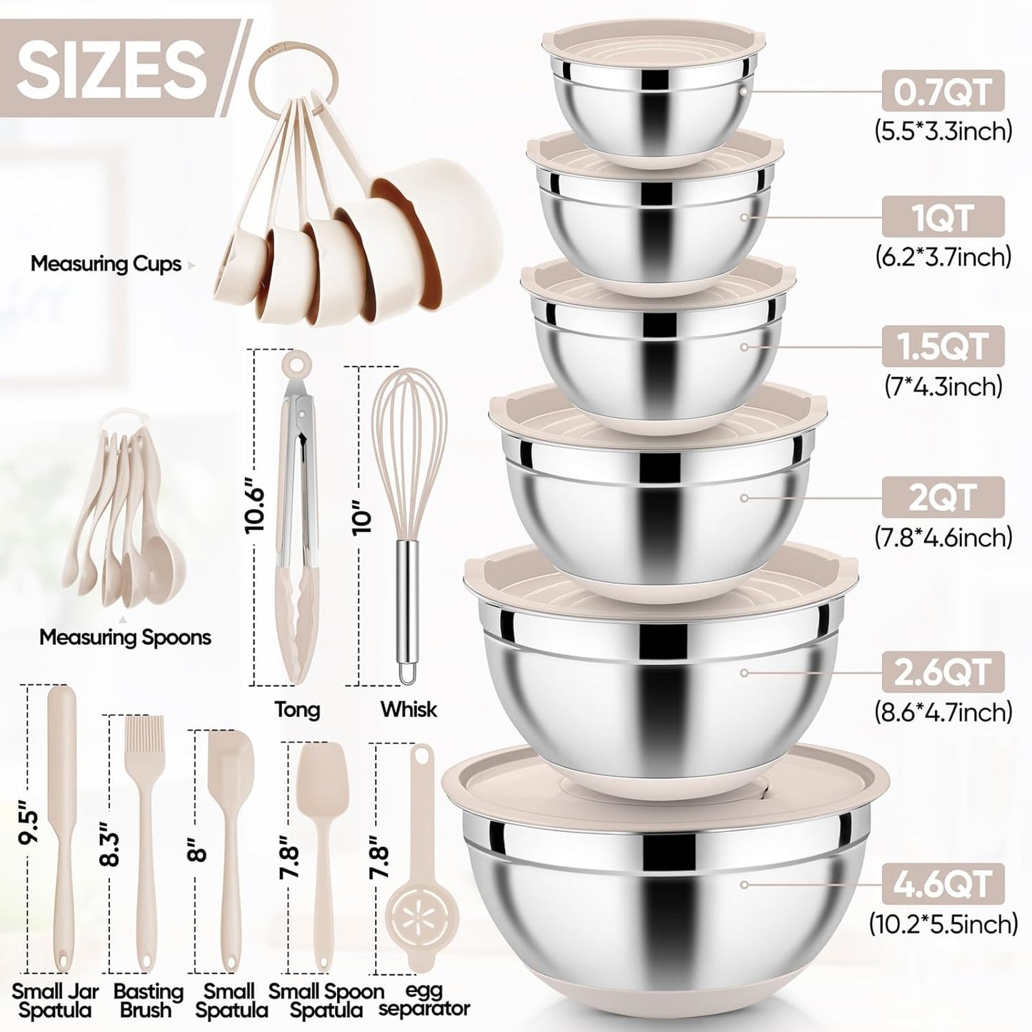 25PCS Stainless Steel Mixing Bowls Set with Lids | Nesting Prep Bowls with Grater Attachments & Non-Slip Bottoms | Kitchen Food Storage & Serving Set