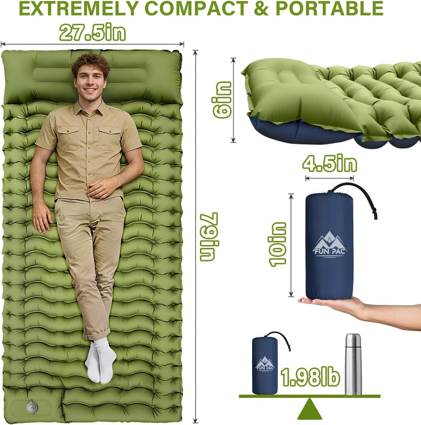 Ultralight Camping Sleeping Pad with Pillow & Foot Pump | Compact Inflatable Camping Mat for Backpacking, Hiking & Travel