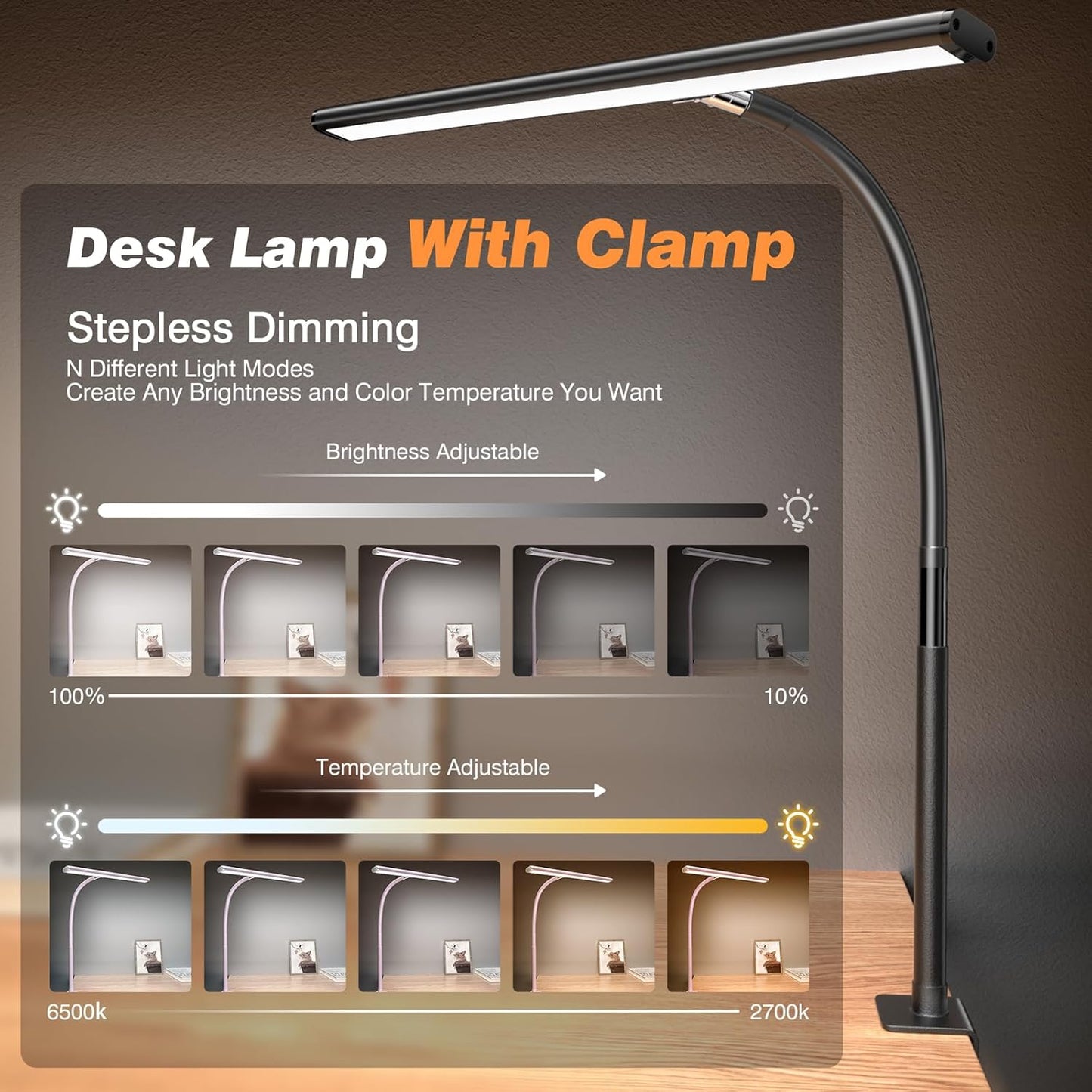 LED Desk Lamp with Clamp | Eye-Caring Dimmable Reading Light | Adjustable Gooseneck Desk Light for Home Office & Study