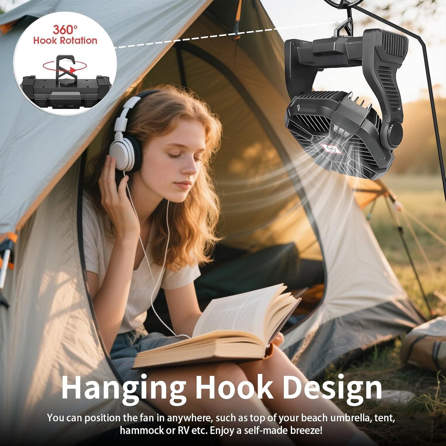 Portable Rechargeable Fan 25400mAh | Cordless Battery Powered Fan with LED Lantern, USB-C Camping Fan for Travel, Bedroom, Office & Outdoor Use