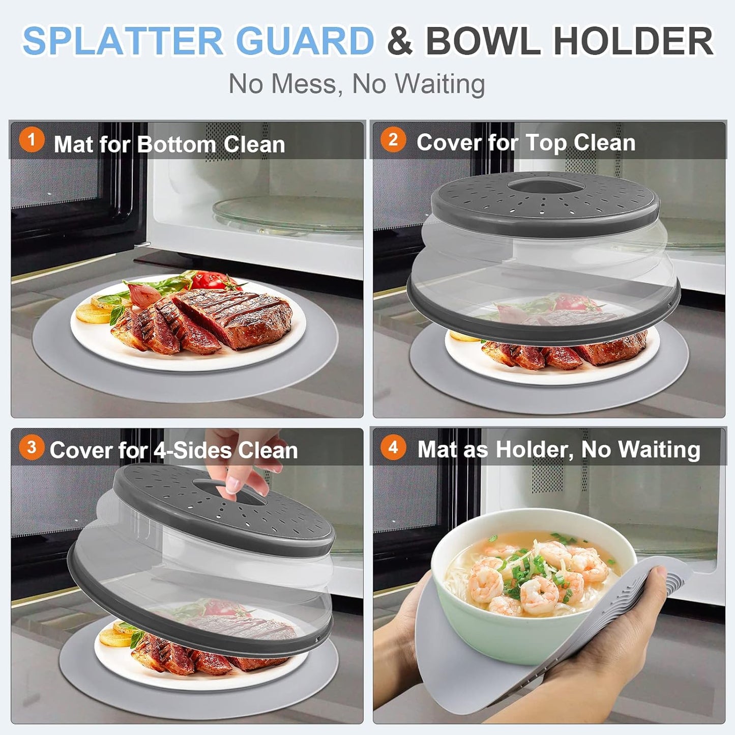 10" Microwave Food Cover & Collapsible Silicone Mat | Splatter Guard, Plate Holder & Kitchen Colander for Meal Prep