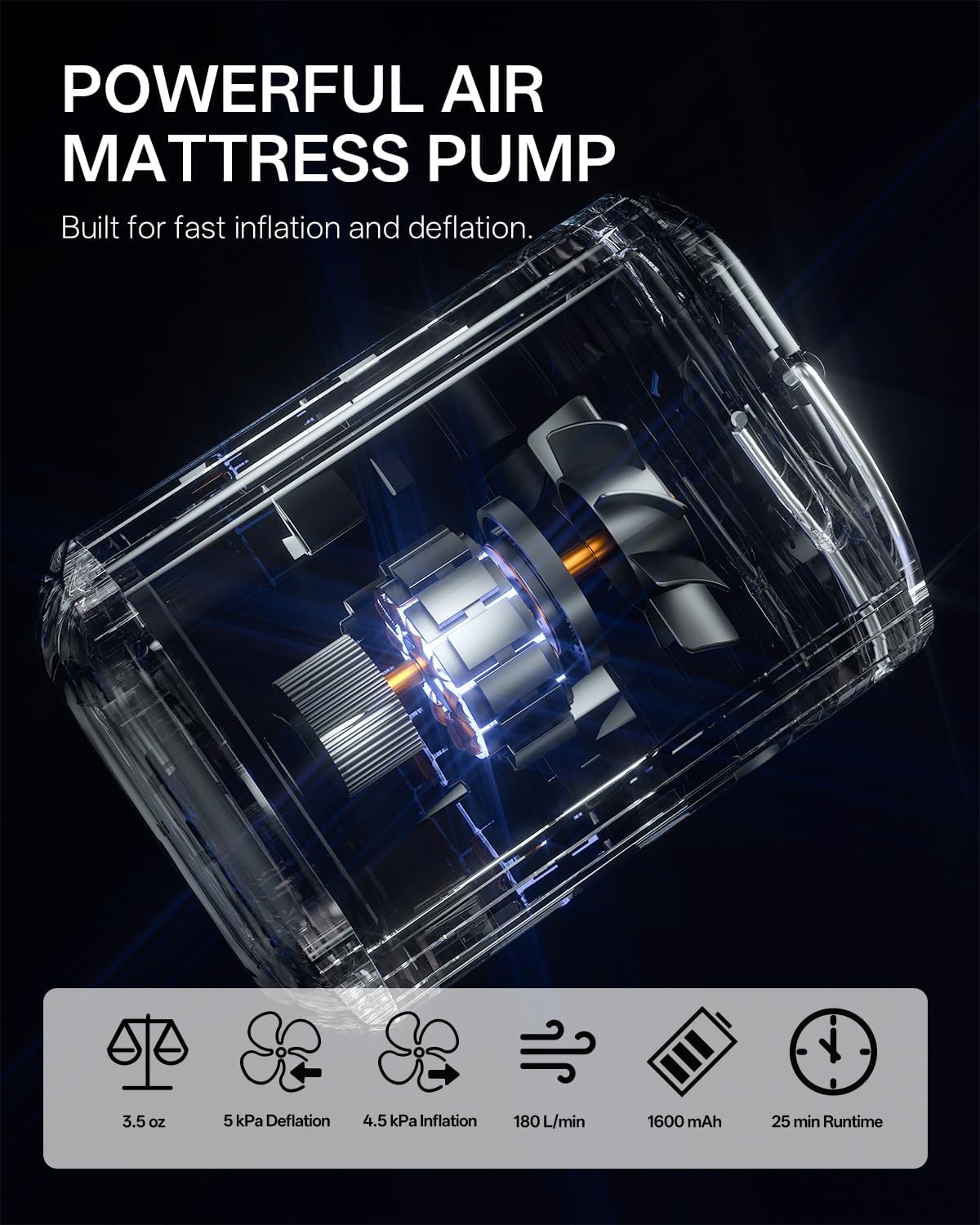 Portable Electric Air Pump | Rechargeable Inflatable Pump with Camping Light & 5 Nozzles for Air Mattresses, Pool Floats & Vacuum Bags
