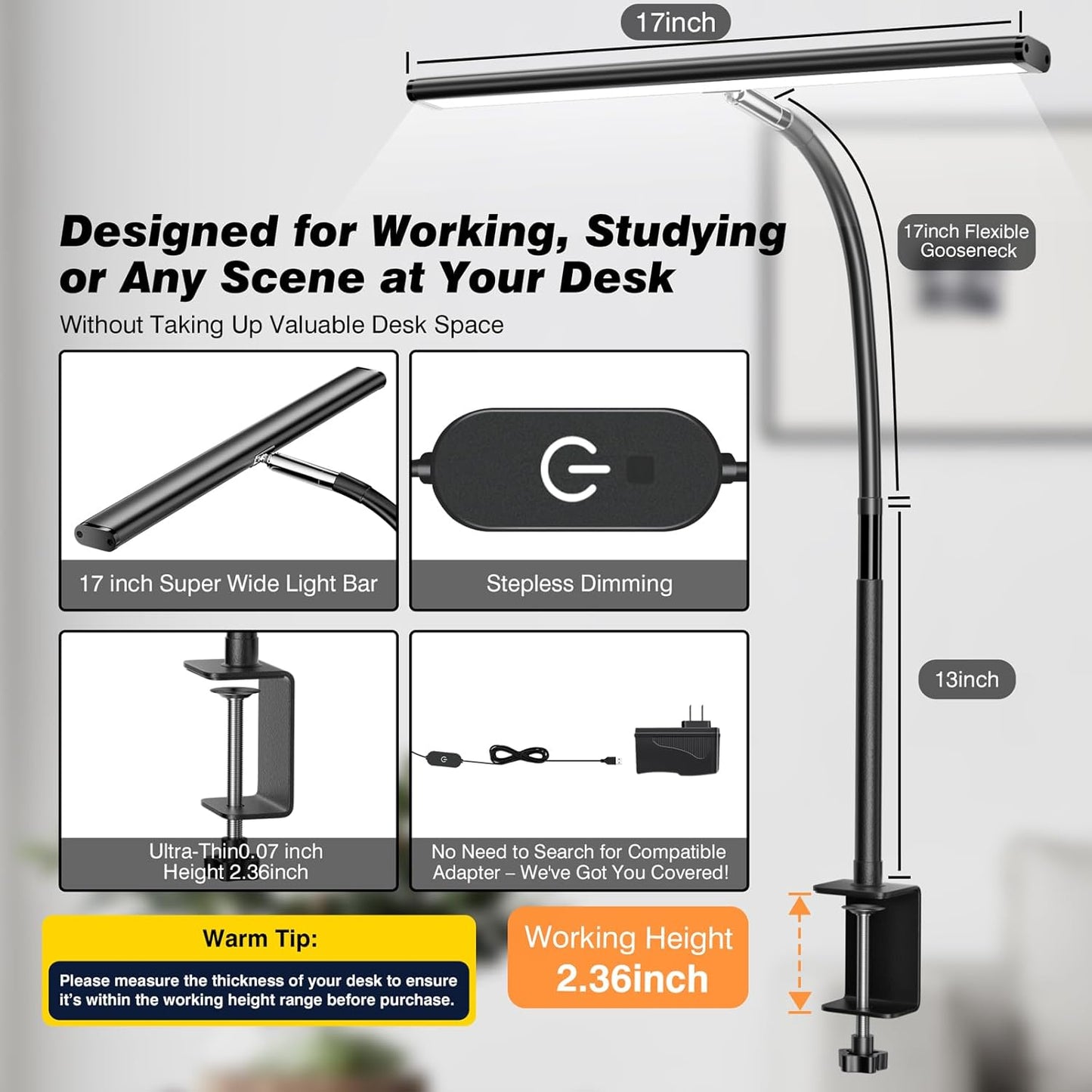 LED Desk Lamp with Clamp | Eye-Caring Dimmable Reading Light | Adjustable Gooseneck Desk Light for Home Office & Study