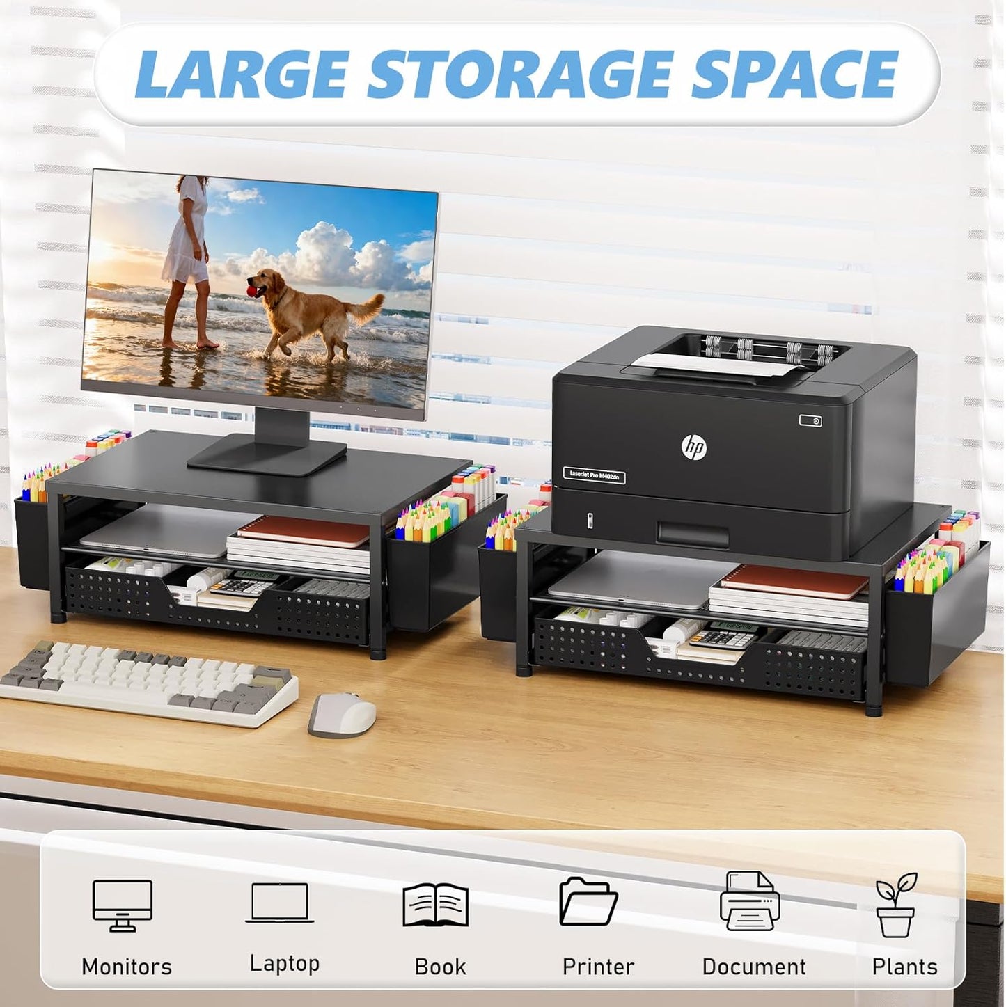 Monitor Stand Riser with Drawer & Pen Holders | Desk Organizer for Laptop, Printer & Home Office Workspace