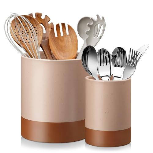 MALACASA TARA Ceramic Utensil Holder Set 2-Piece Farmhouse Kitchen Organizer