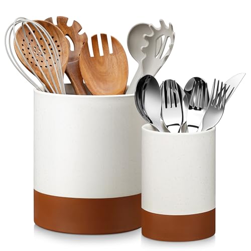 MALACASA TARA Ceramic Utensil Holder Set 2-Piece Farmhouse Kitchen Organizer