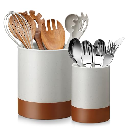 MALACASA TARA Ceramic Utensil Holder Set 2-Piece Farmhouse Kitchen Organizer