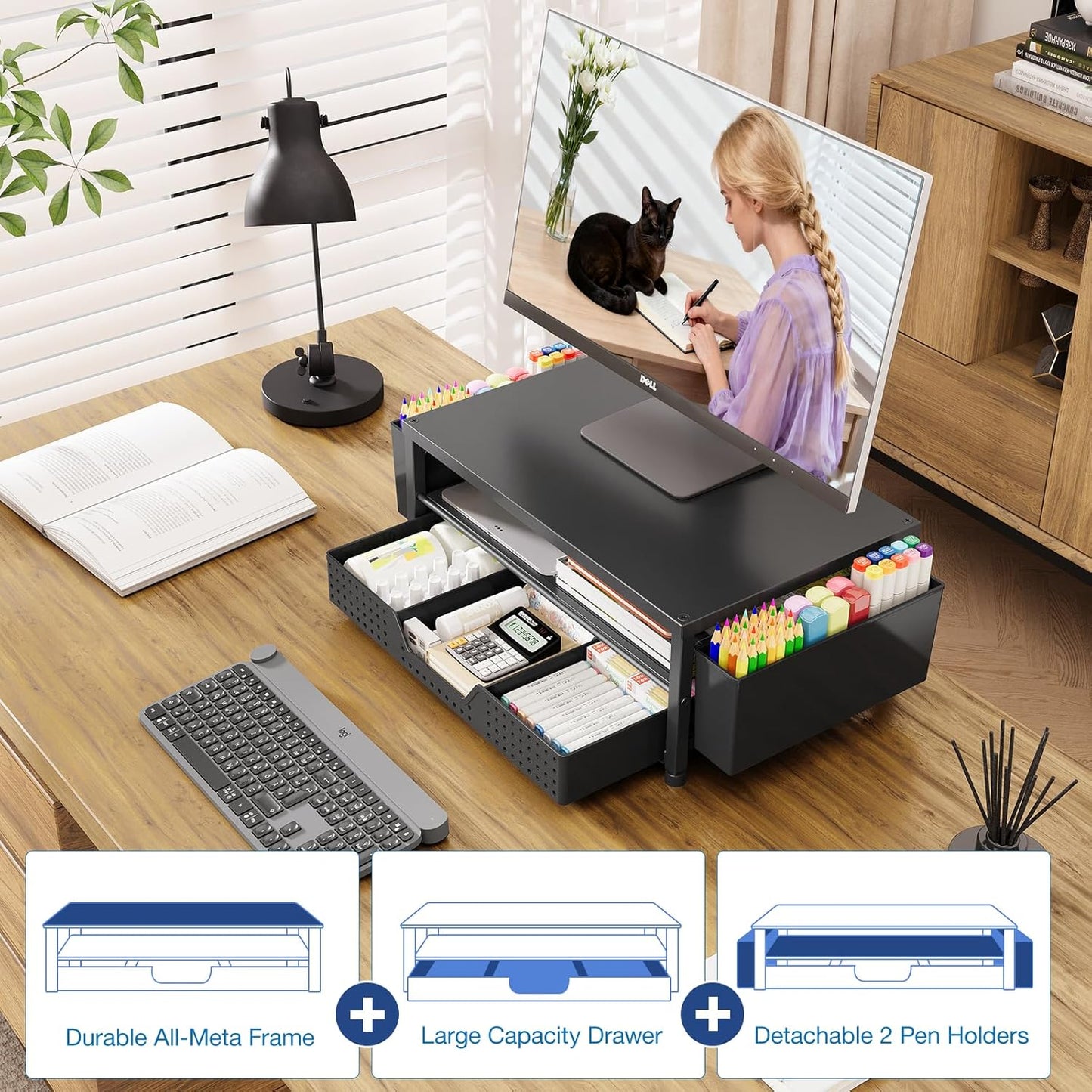 Monitor Stand Riser with Drawer & Pen Holders | Desk Organizer for Laptop, Printer & Home Office Workspace
