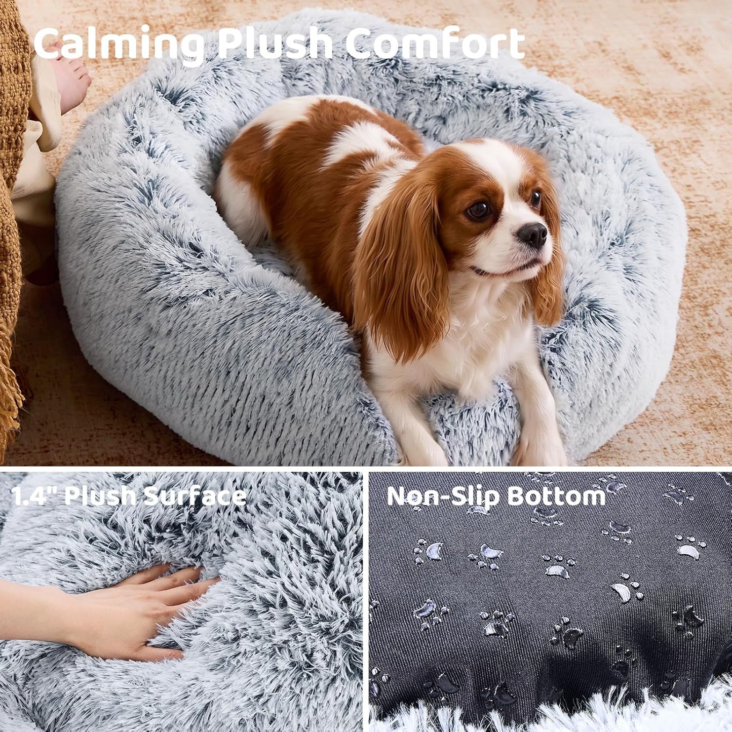 Calming Donut Dog Bed 23" | Anti-Anxiety Fluffy Pet Bed for Small & Medium Dogs and Cats