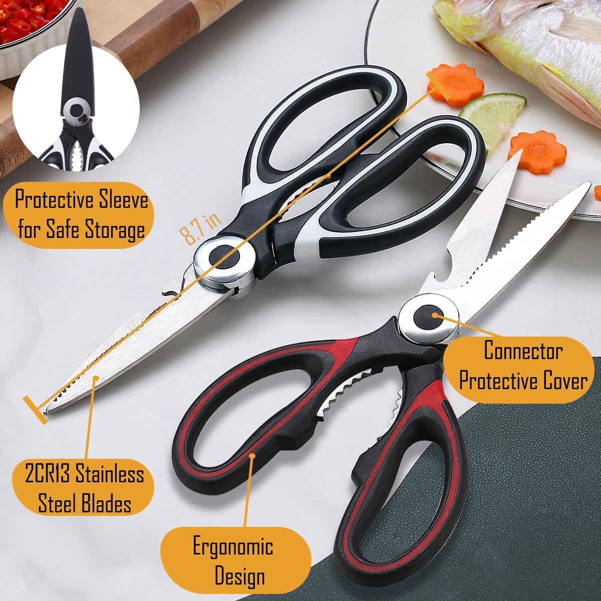 2 Pack Heavy Duty Kitchen Scissors | Stainless Steel Kitchen Shears for Meat, Chicken & Seafood | Dishwasher Safe Multi-Purpose Cooking Scissors