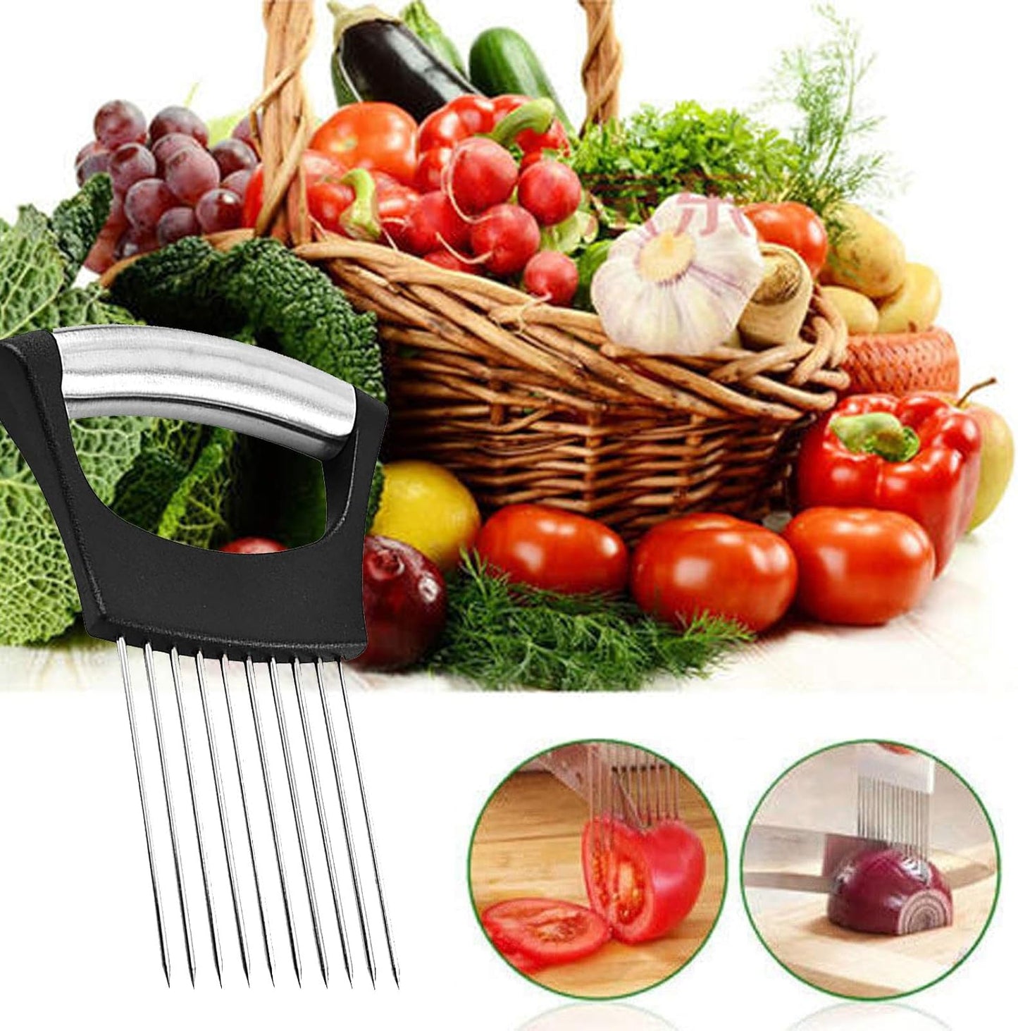 Stainless Steel Onion Slicer Holder / Vegetable Cutter for Onions, Tomatoes, Avocados & Eggs | Easy Kitchen Prep Tool