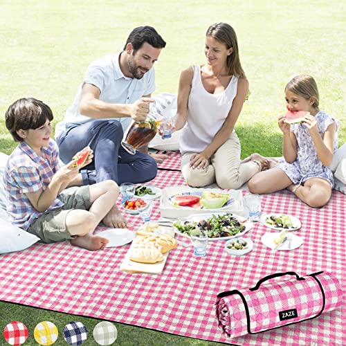 ZAZE Extra Large Gingham Picnic Blanket 80x80 Waterproof