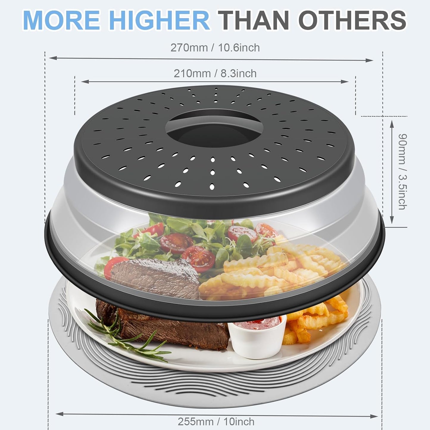 10" Microwave Food Cover & Collapsible Silicone Mat | Splatter Guard, Plate Holder & Kitchen Colander for Meal Prep