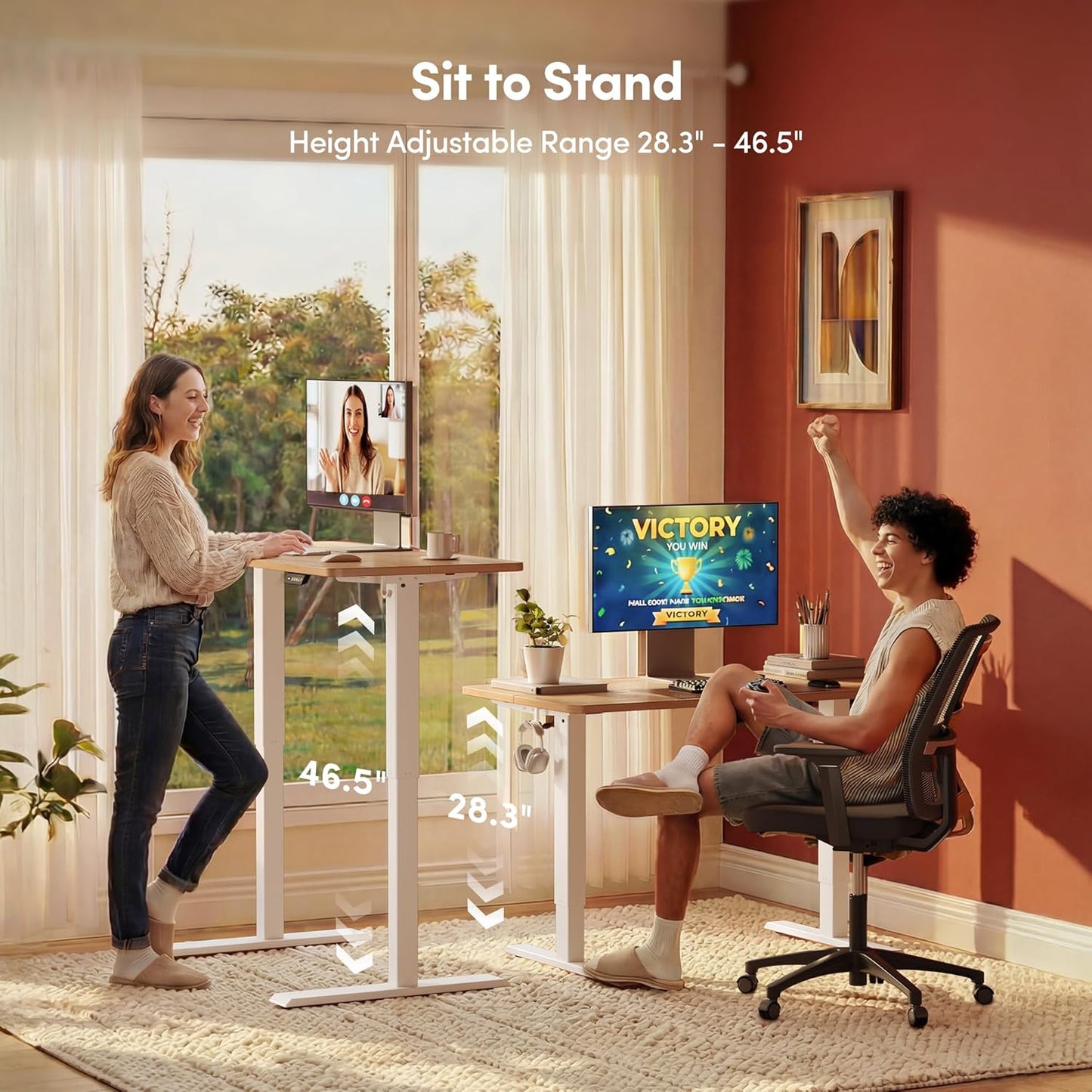 Electric Standing Desk 48x24 Inch | Height Adjustable Sit Stand Computer Office Desk | Maple Top & White Frame