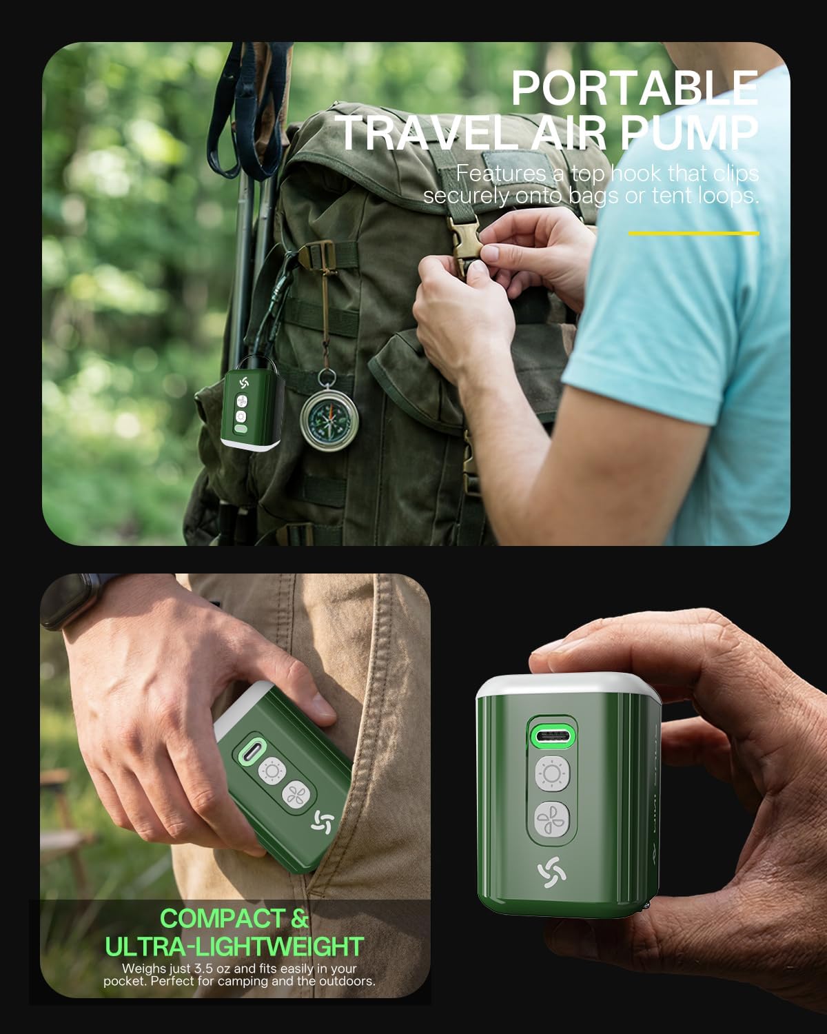 Portable Electric Air Pump | Rechargeable Inflatable Pump with Camping Light & 5 Nozzles for Air Mattresses, Pool Floats & Vacuum Bags