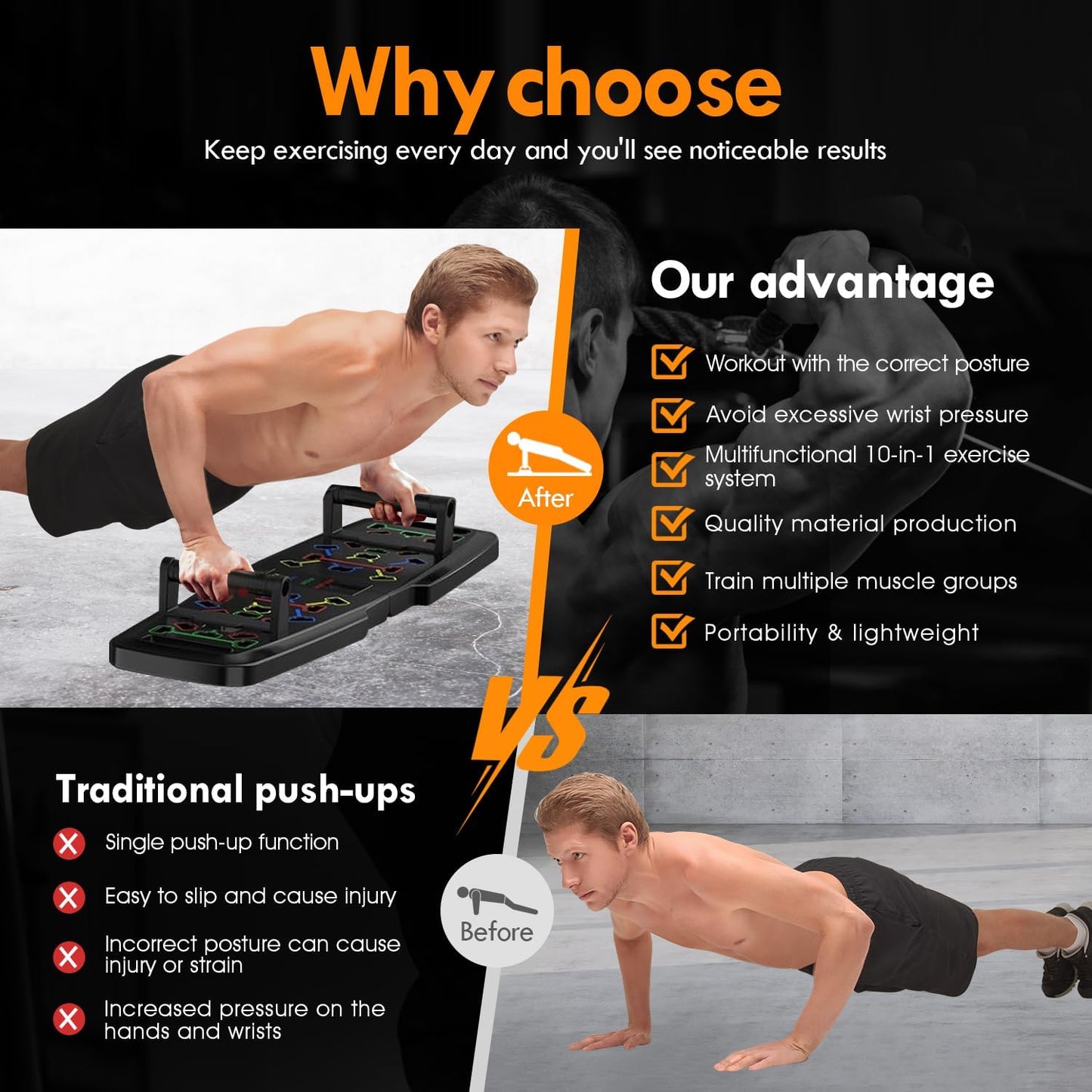 Push Up Board Home Gym Set | Portable Full Body Workout Equipment with Resistance Bands, Pilates Bar & Ab Roller