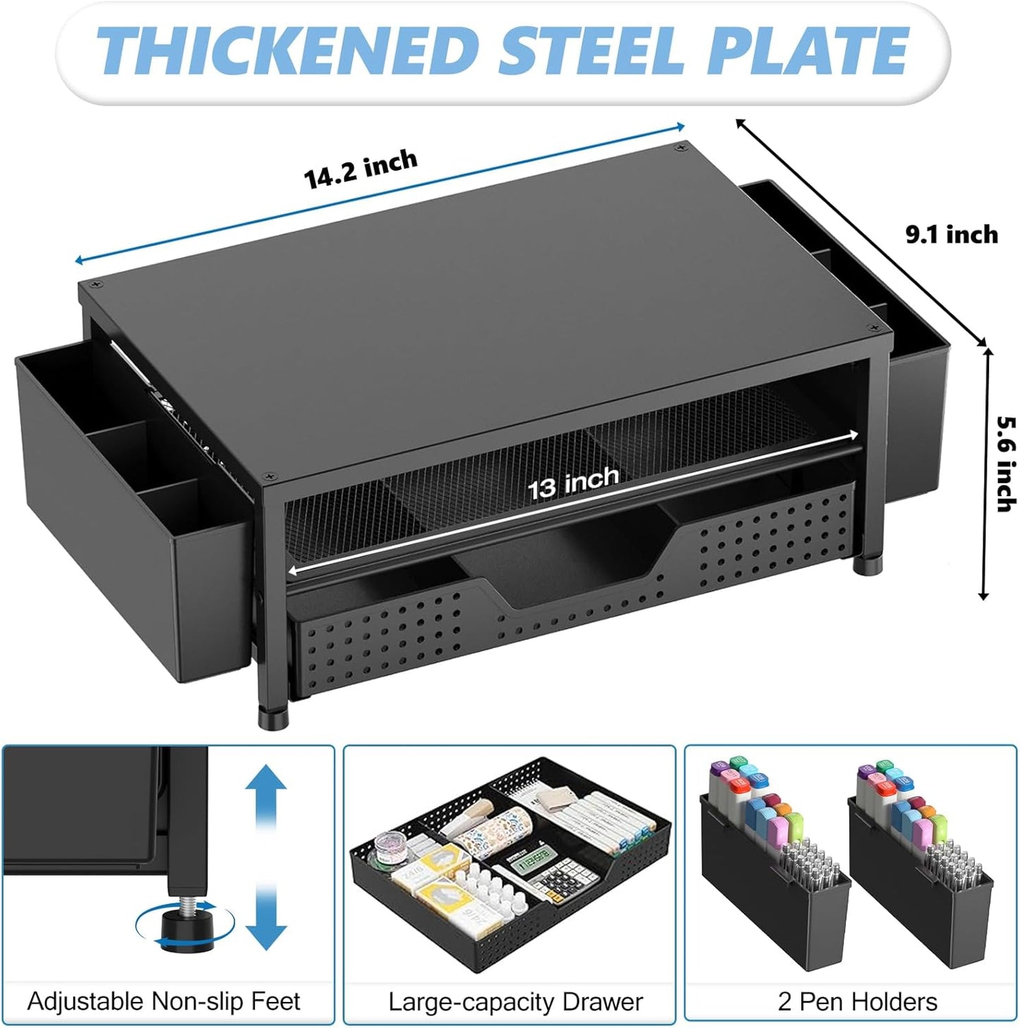 Monitor Stand Riser with Drawer & Pen Holders | Desk Organizer for Laptop, Printer & Home Office Workspace
