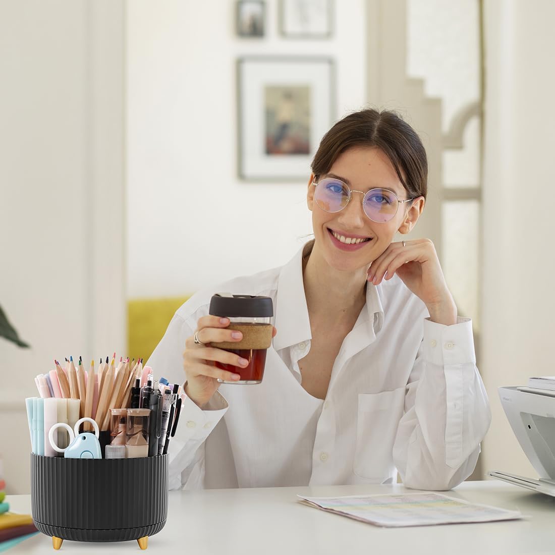 SKYDUE 360 Degree Rotating Desk Organizer 5 Compartment Pen Holder