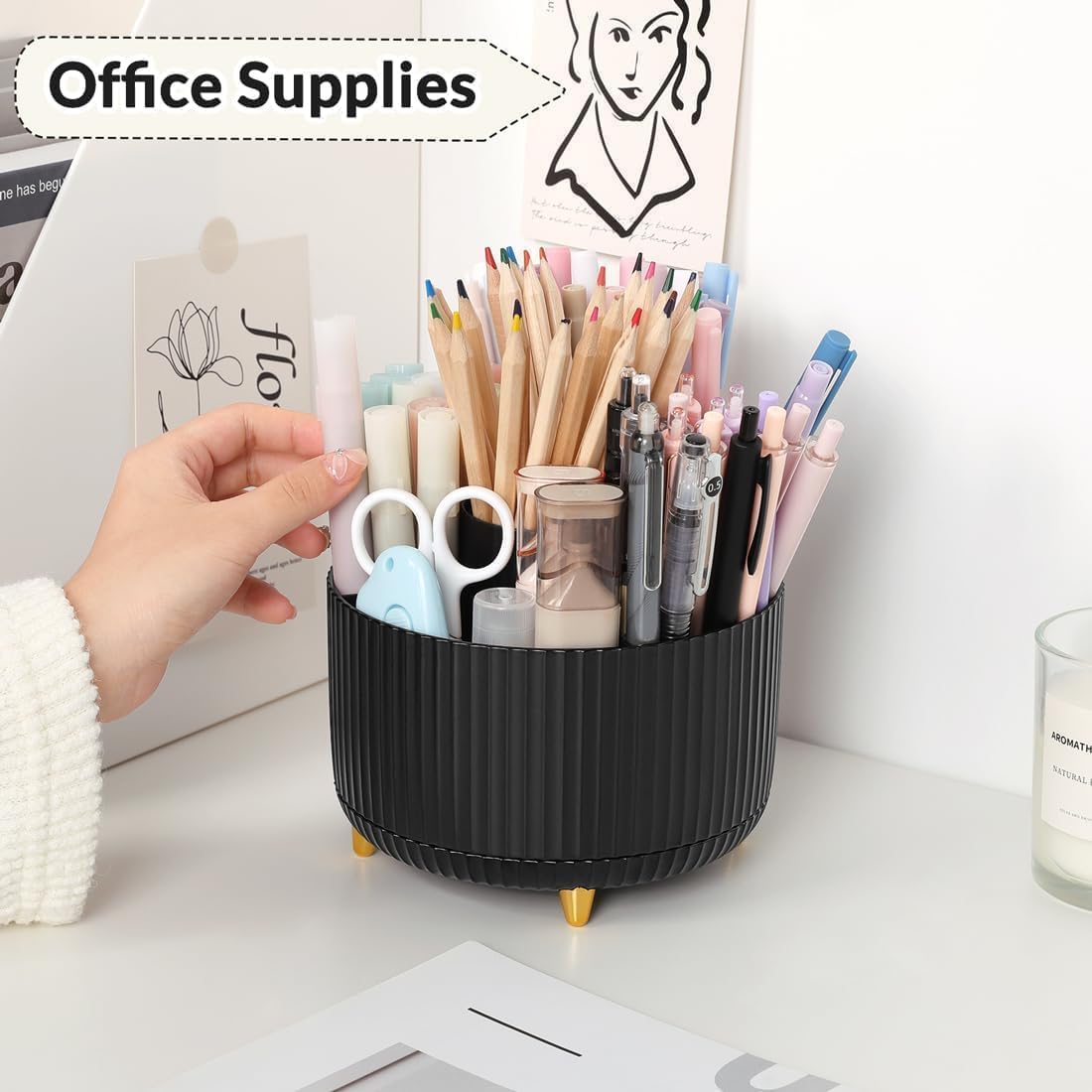 SKYDUE 360 Degree Rotating Desk Organizer 5 Compartment Pen Holder