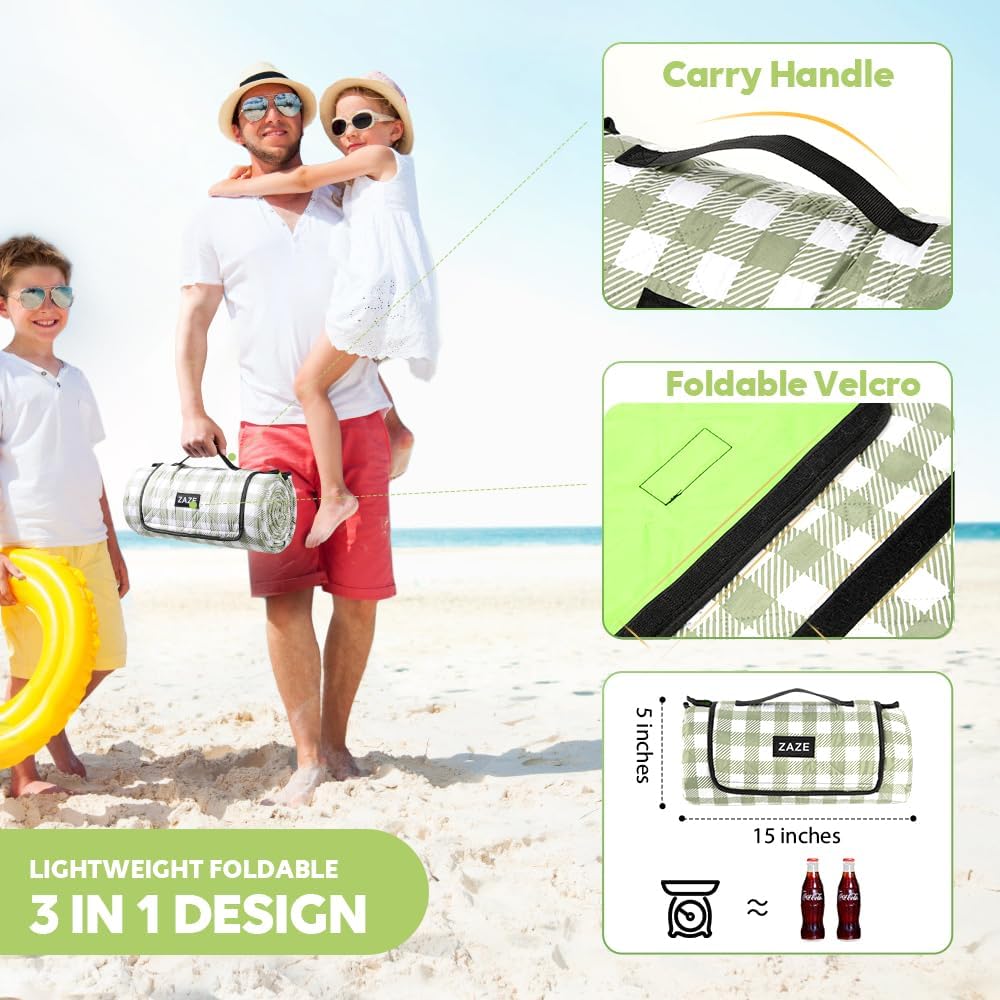 ZAZE Extra Large Gingham Picnic Blanket 80x80 Waterproof