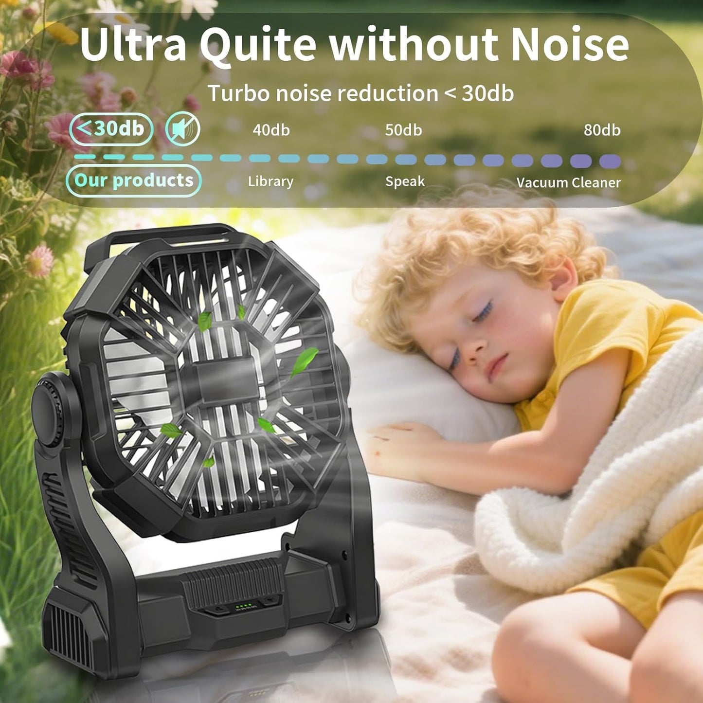 Portable Rechargeable Fan 25400mAh | Cordless Battery Powered Fan with LED Lantern, USB-C Camping Fan for Travel, Bedroom, Office & Outdoor Use