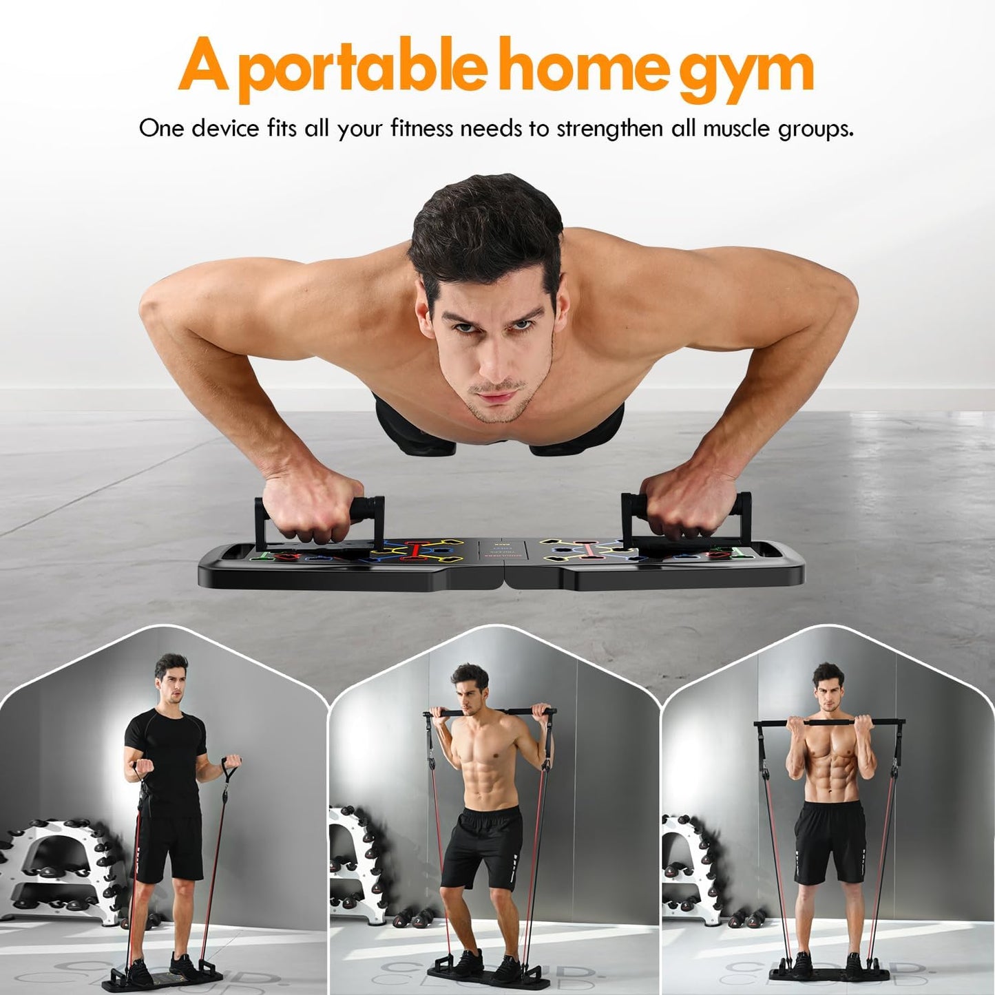 Push Up Board Home Gym Set | Portable Full Body Workout Equipment with Resistance Bands, Pilates Bar & Ab Roller