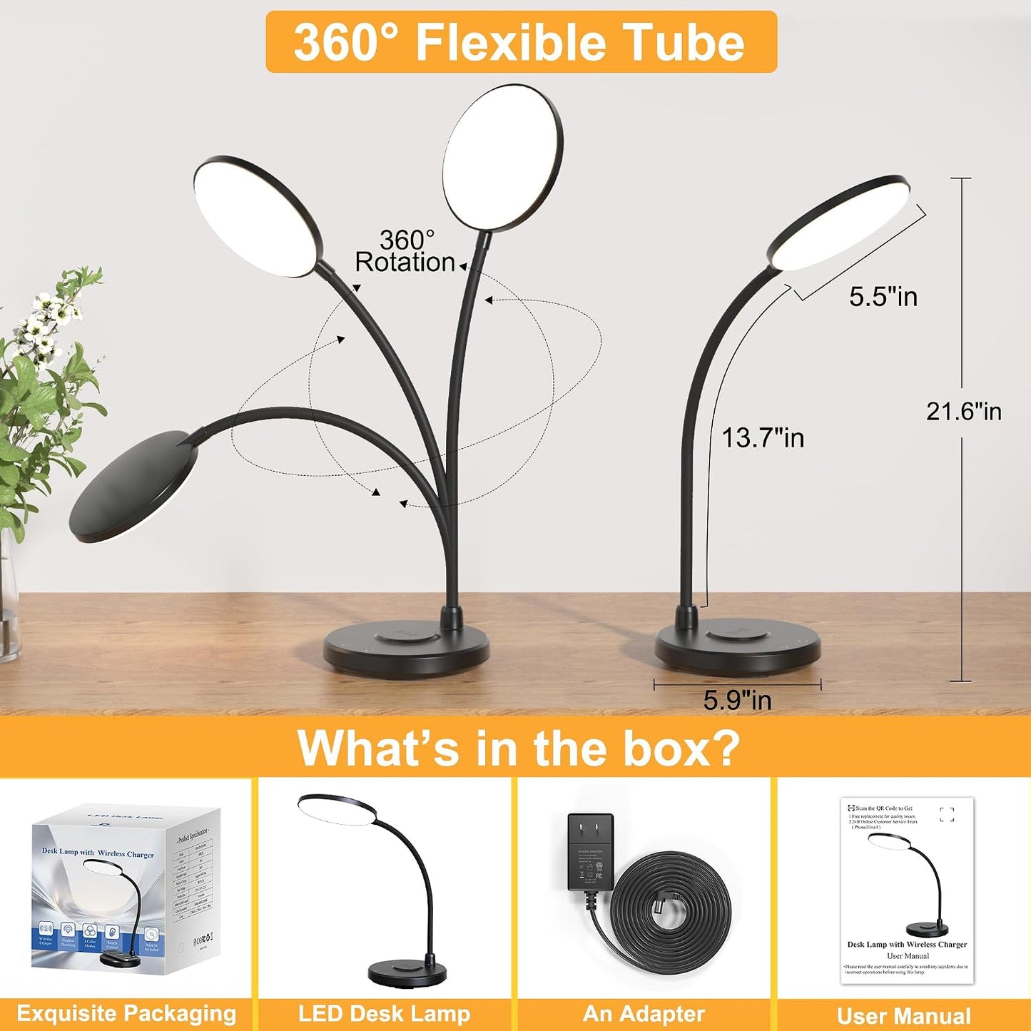 Sailstar LED Desk Lamp with Wireless Charger Dimmable Adjustable Neck