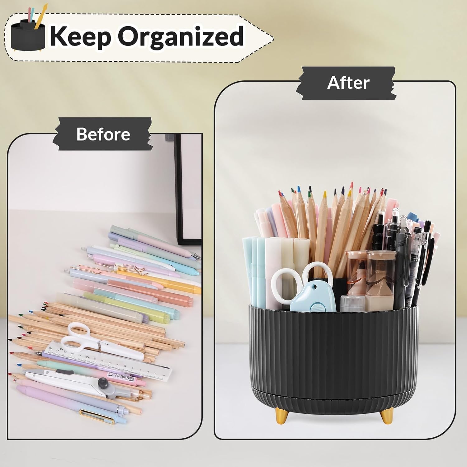 SKYDUE 360 Degree Rotating Desk Organizer 5 Compartment Pen Holder