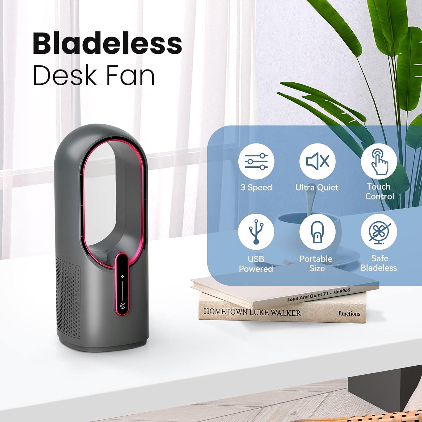 KONSIDEN F6 Bladeless Desk Fan 3-Speed Quiet 11.8 Inch