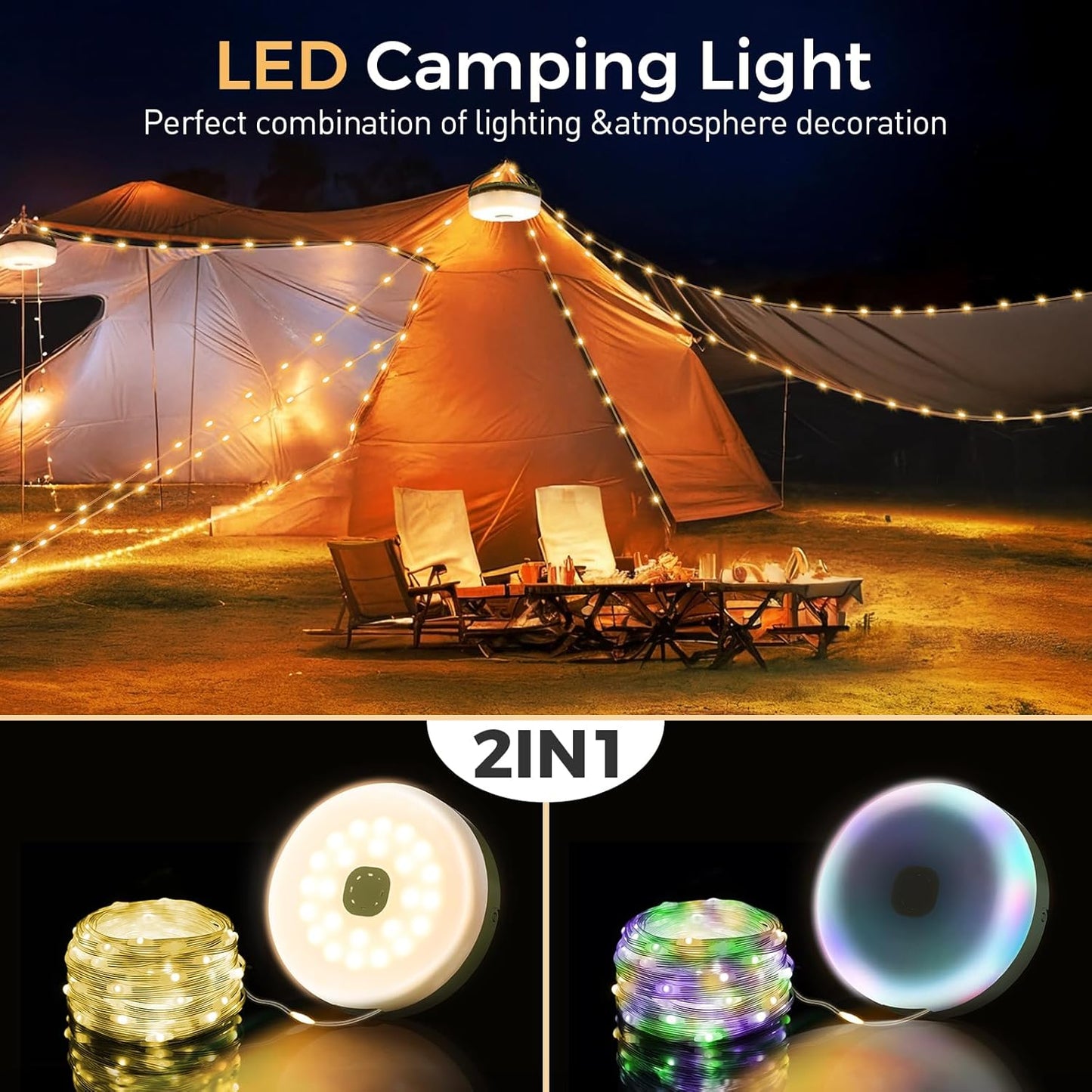 KUQIHUG 32.8ft LED Camping String Lights Rechargeable Portable Waterproof
