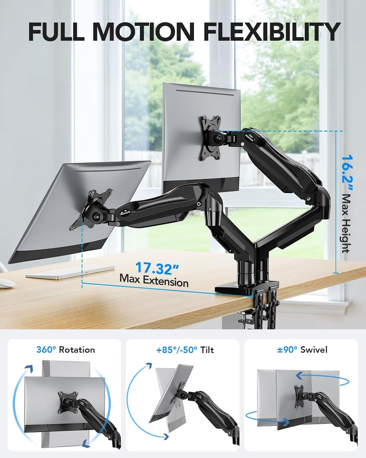 HUANUO FlowLift™ Dual Monitor Stand Full-Motion Desk Mount 13-32"
