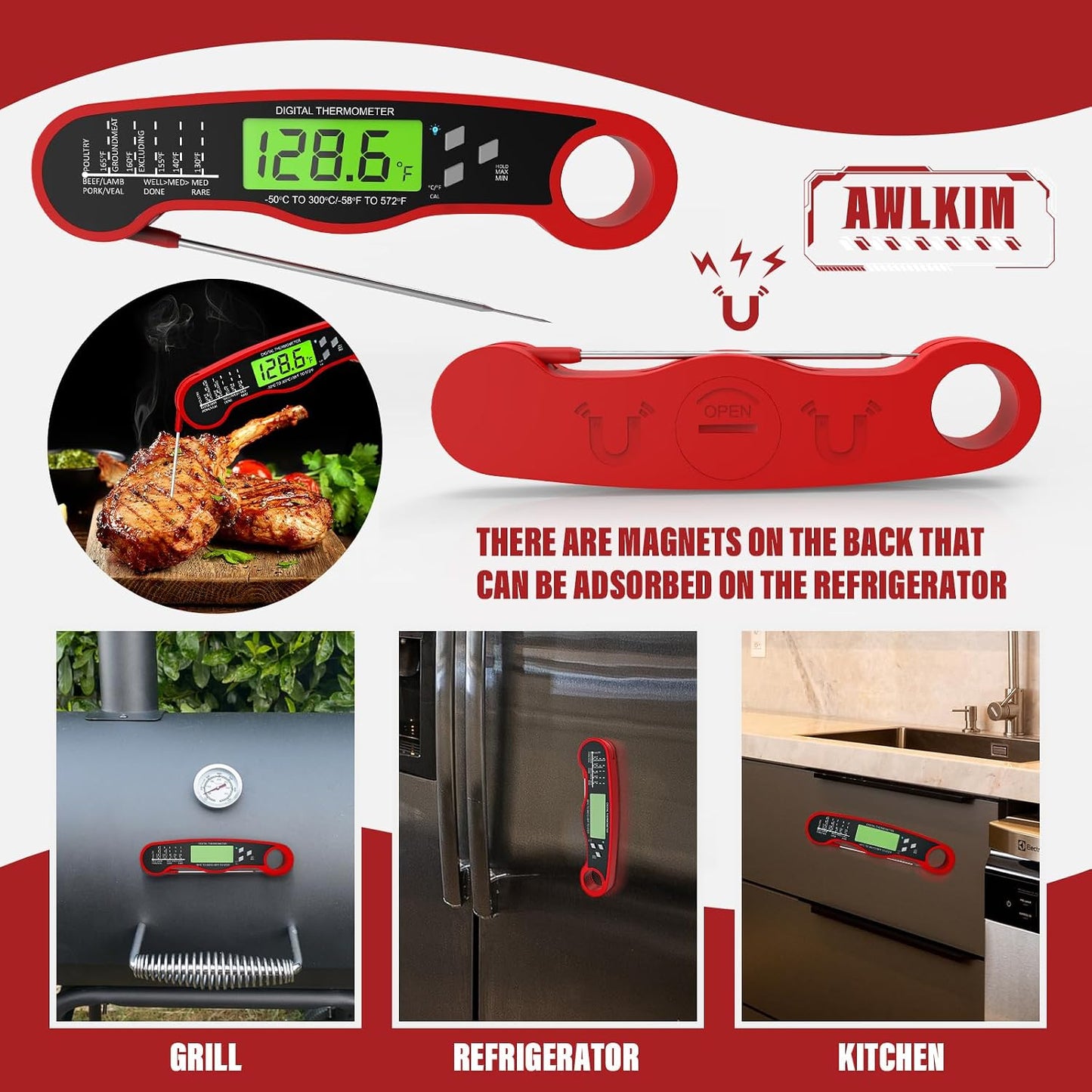 AWLKIM Digital Instant Read Meat Thermometer Waterproof Backlit