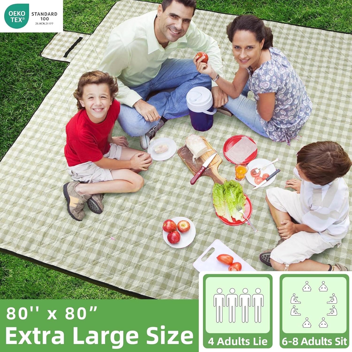 ZAZE Extra Large Gingham Picnic Blanket 80x80 Waterproof